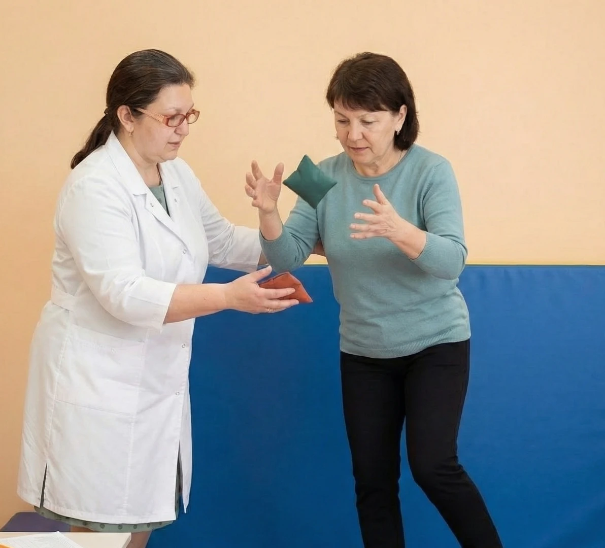 Врач-нейропсихолог проводит упражнения с пациентом