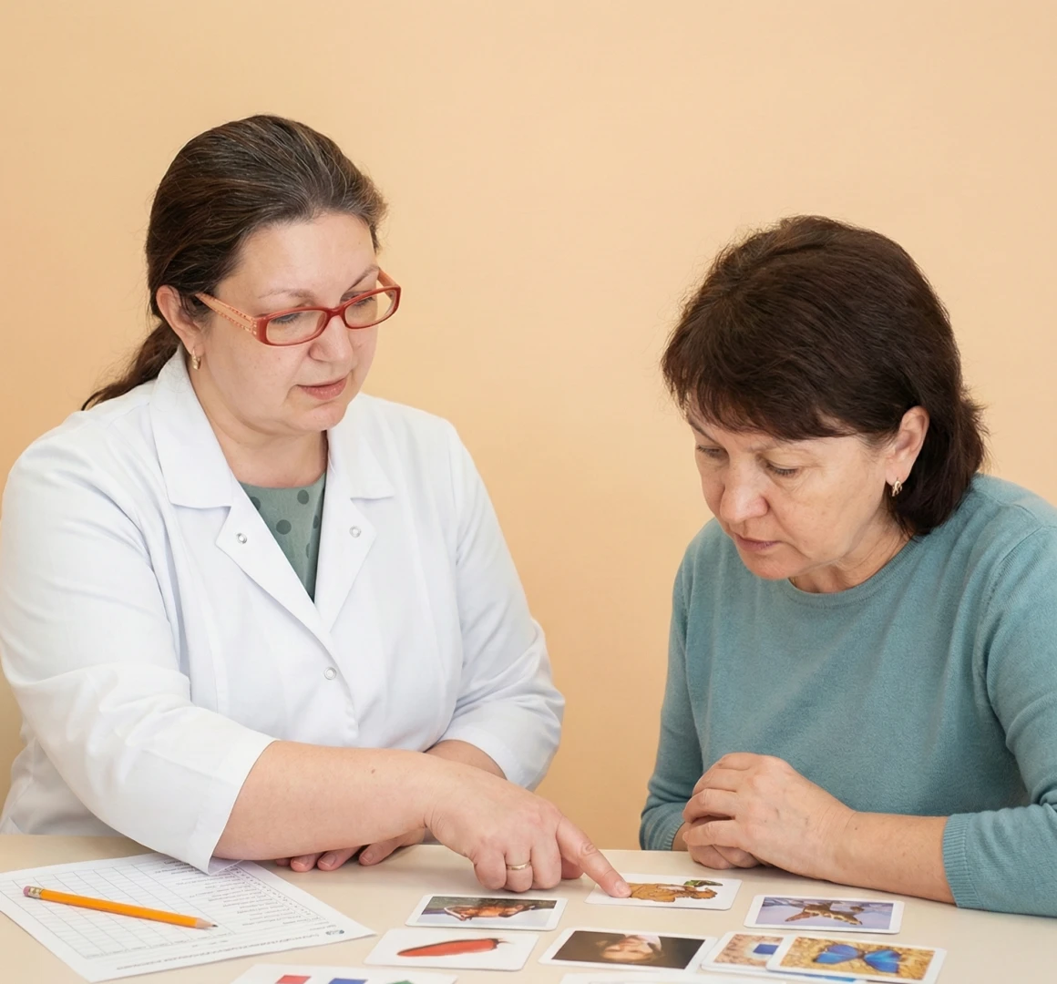 Врач-нейропсихолог проводит нейропсихологическую диагностику пациента