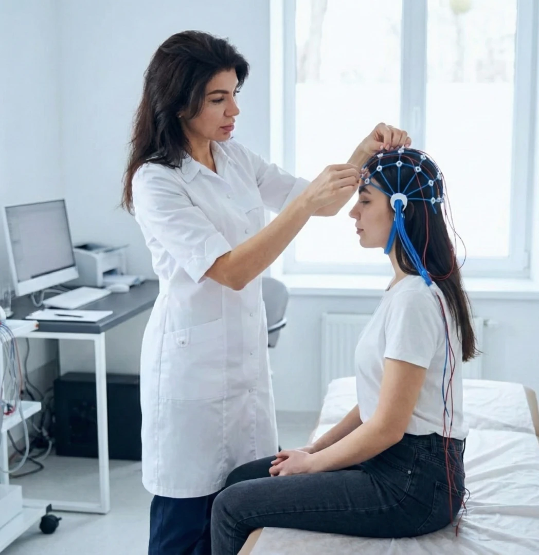 Врач проводит диагностику перед проведением Электроэнцефалографии (ЭЭГ)