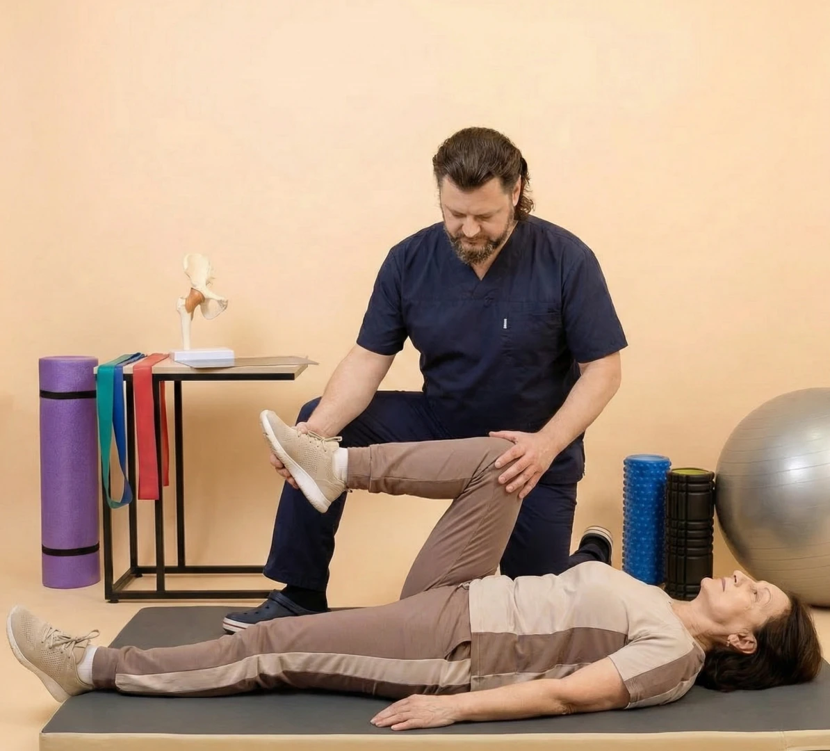 Врач ЛФК проводит занятие с пациентом