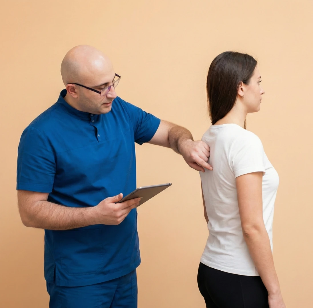 Инструктор ЛФК осматривает пациента перед проведением занятия