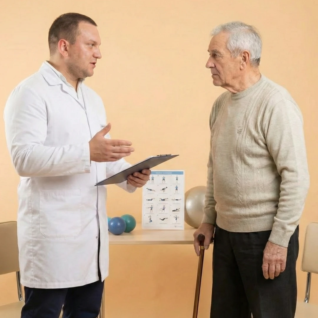 Врач ЛФК беседует с пациентом перед тренировкой