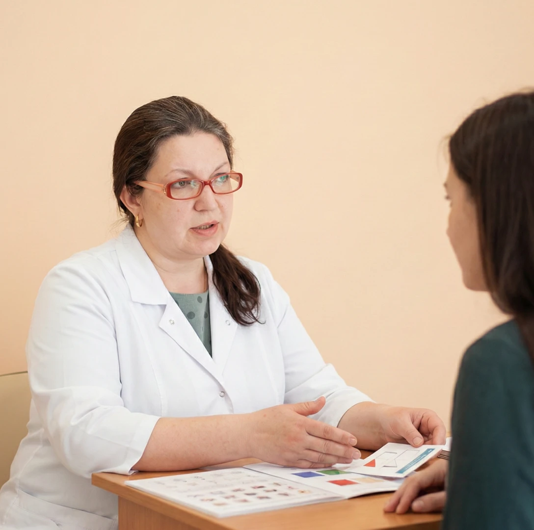 Инструктор ЛФК обсуждает с пациентом лечение