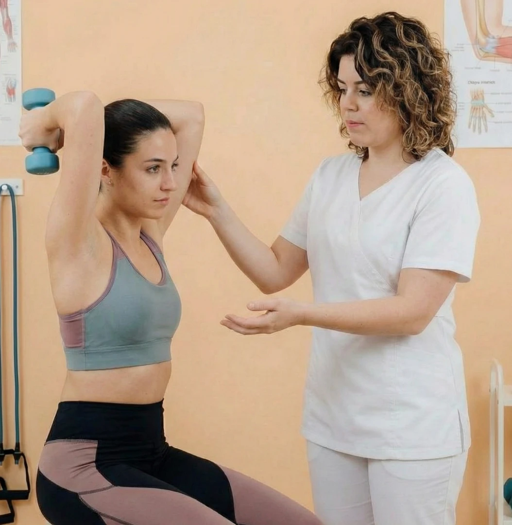 Инструктор ЛФК проводит занятие с пациентом после перелома