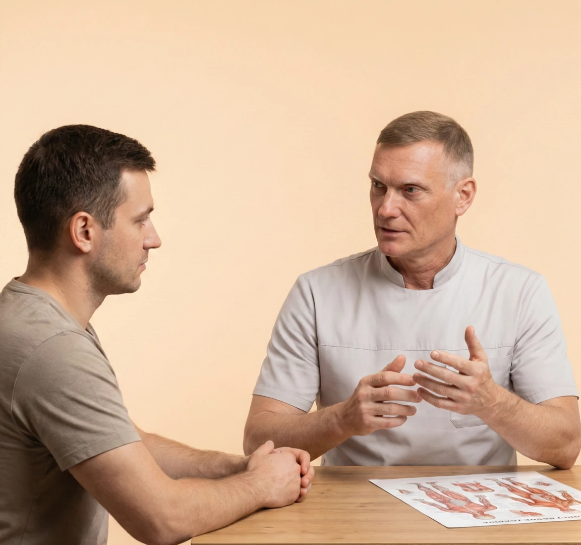 Врач ЛФК обсуждает с пациентом варианты лечения и занятий