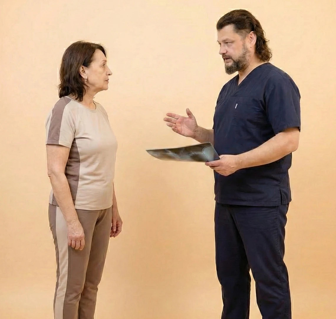 Врач ЛФК проводит беседу с пациентом после тренировки и даёт указания