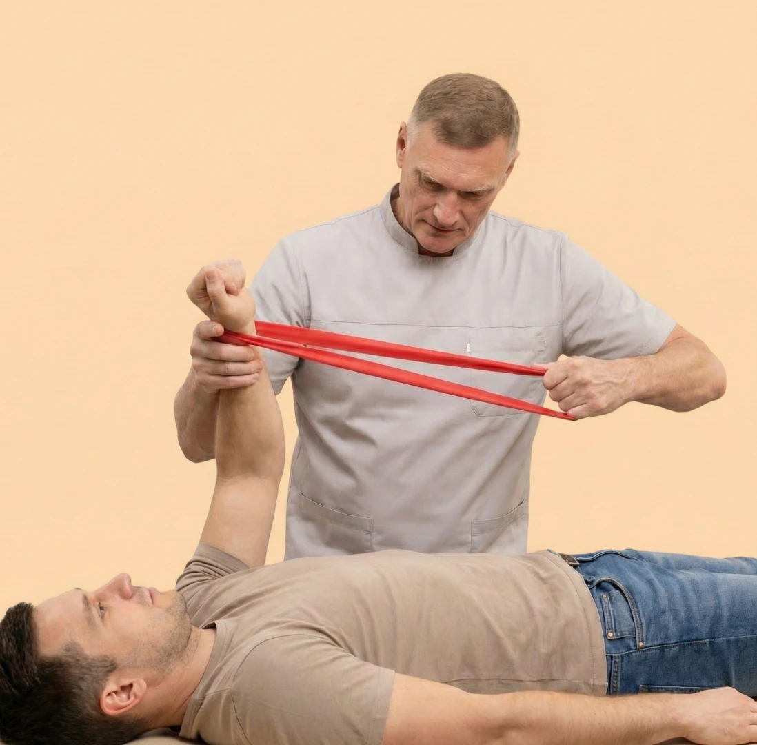 Инструктор ЛФК проводит тренировку с пациентом после перелома ключицы