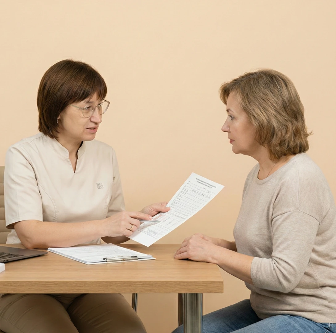 Инструктор ЛФК разговаривает с пациентом перед тренировкой