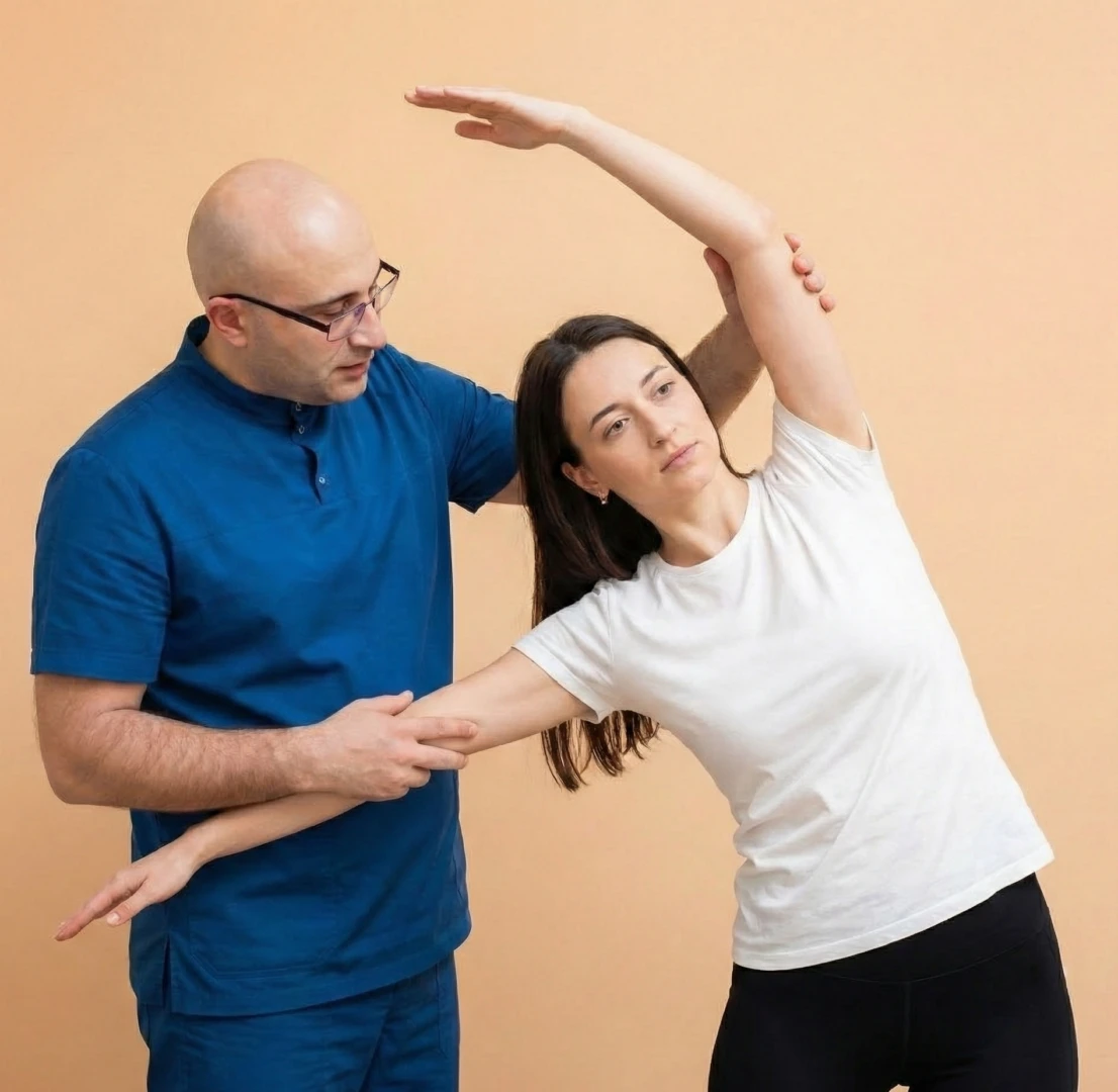 Инструктор ЛФК аккуратно занимается с пациентом после перелома