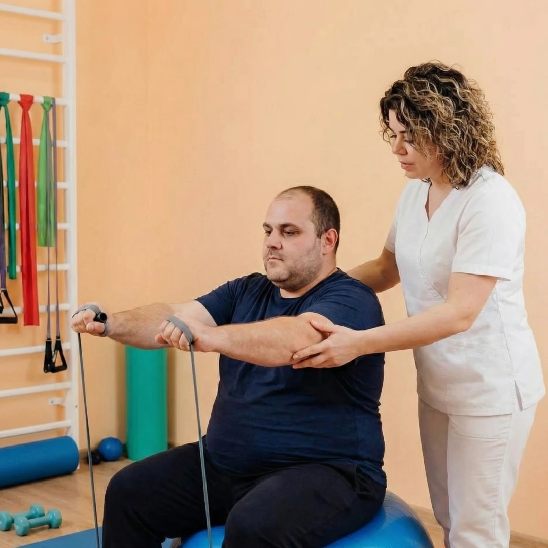 Инструктор ЛФК помогает проводить упражнения пациенту с травмой плеча