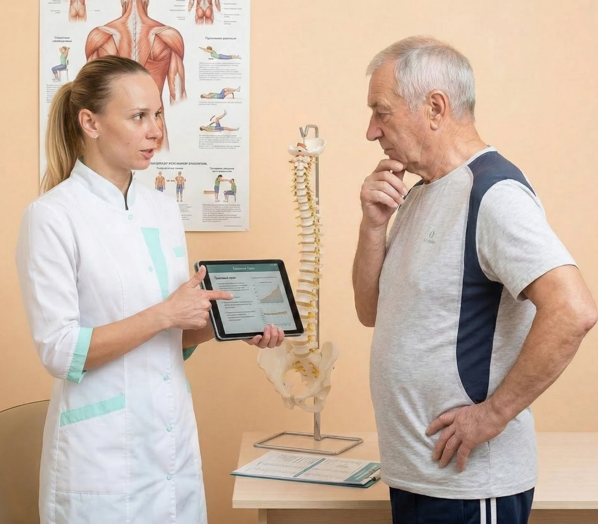 Врач ЛФК показывает пациенту план лечения