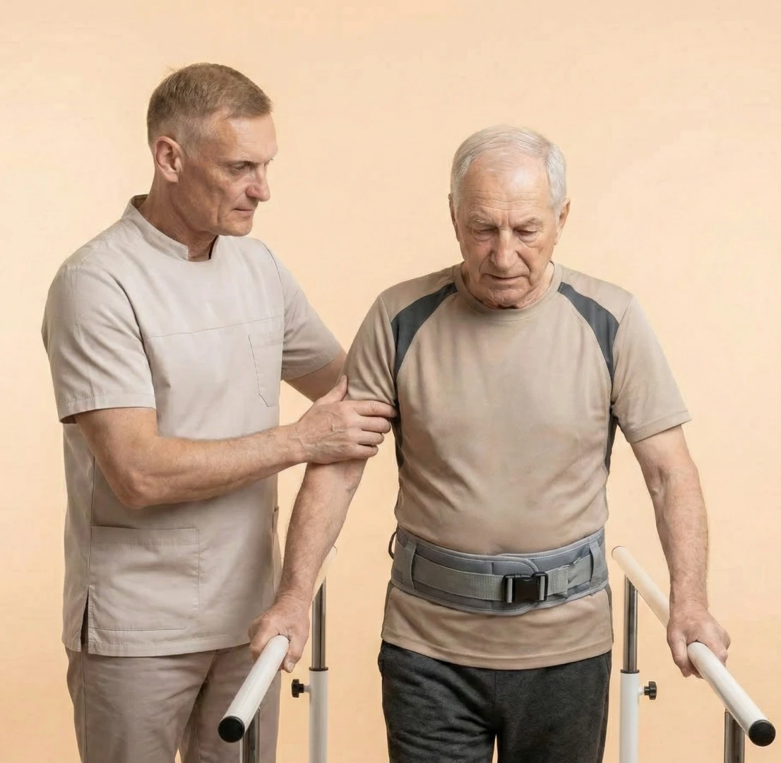 Инструктор ЛФК помогает пациенту на занятии