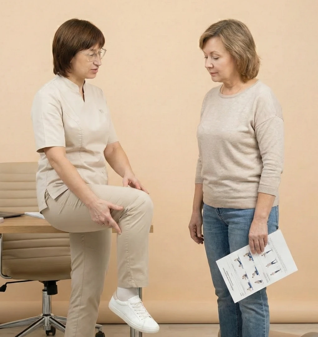 Инструктор ЛФК показывает упражнение пациенту