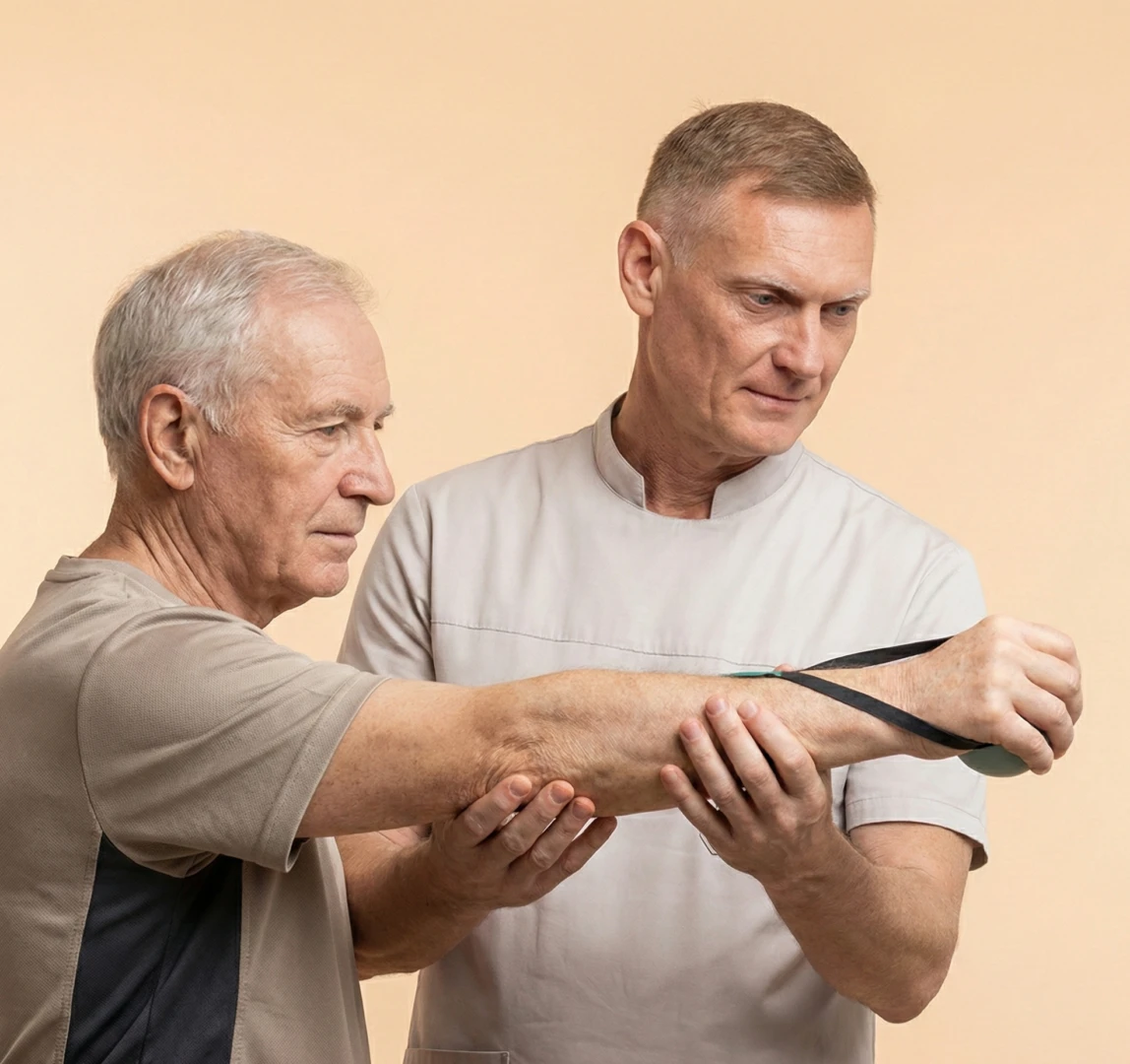 Инструктор ЛФК проводит тренировку с пациентом