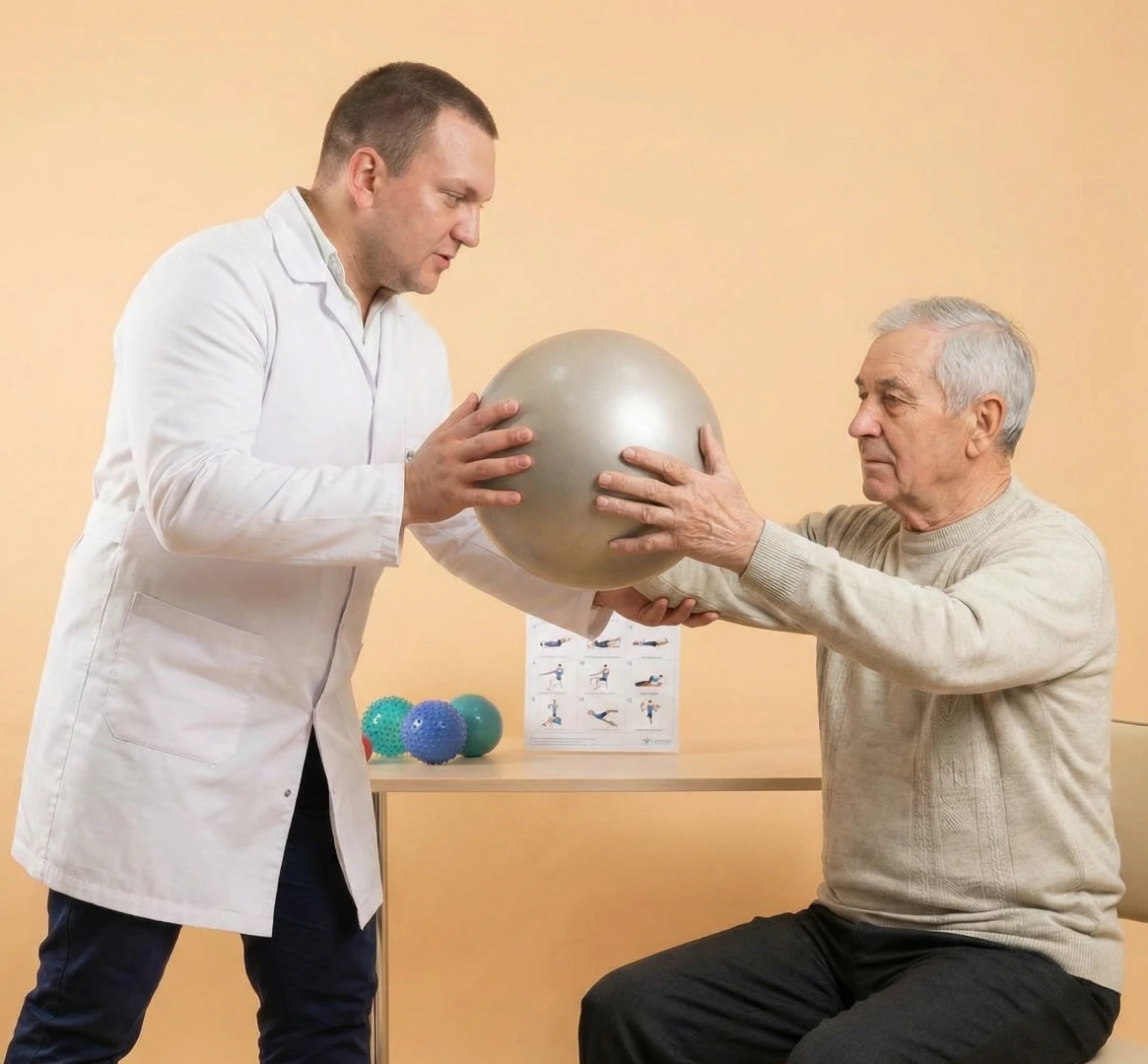 Врач ЛФК занимается с пациентом на сеансе лечебной физкультуры