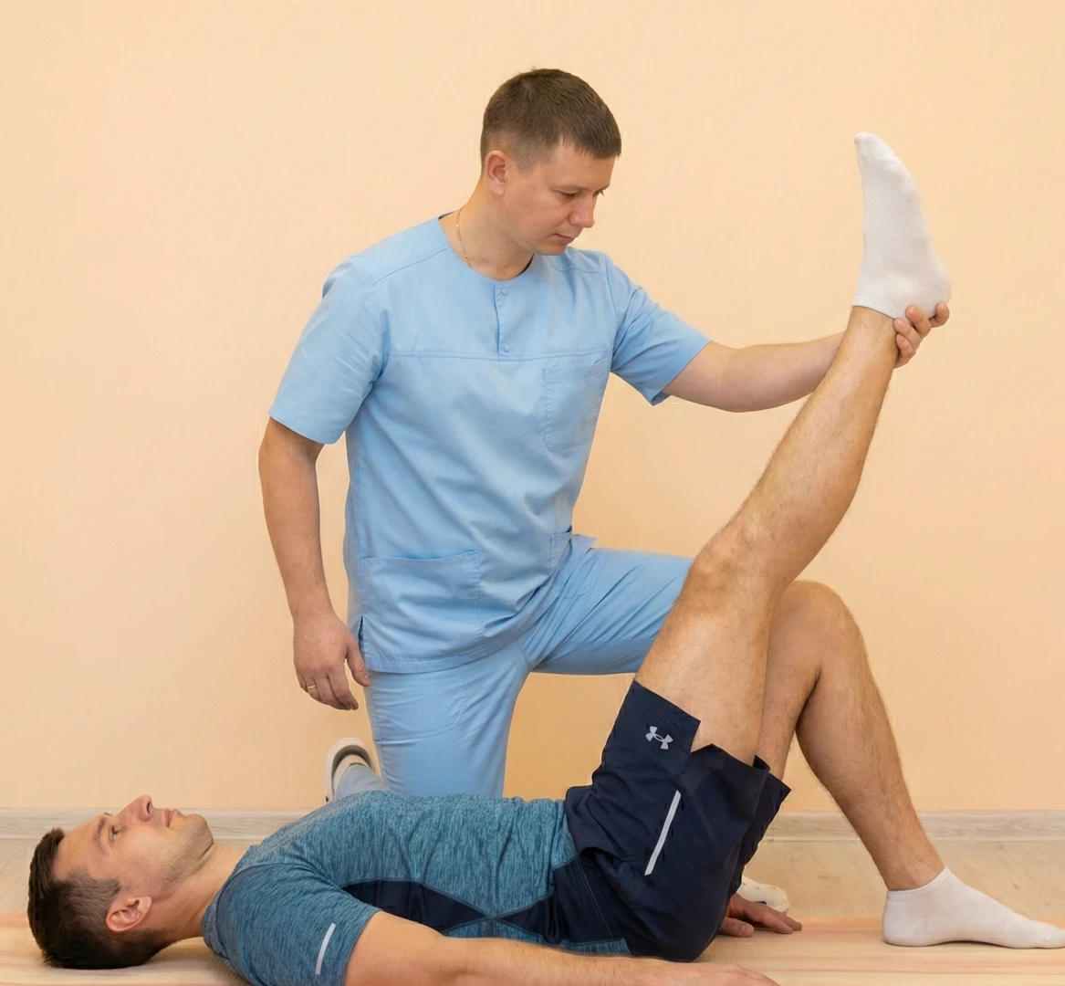 Врач ЛФК проводит занятие с пациентом