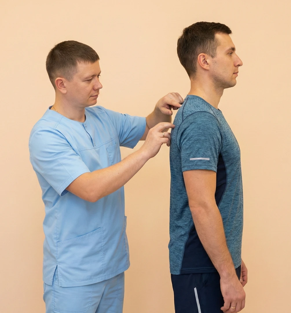 Инструктор ЛФК осматривает пациента перед проведением упражнения